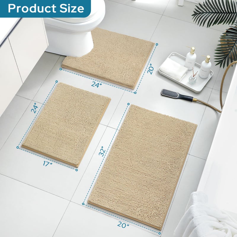 BYSURE Beige Bathroom Rugs Sets 3 Piece Non Slip Extra Absorbent Plush Chenille Soft Washable Bath Mats - Image 2